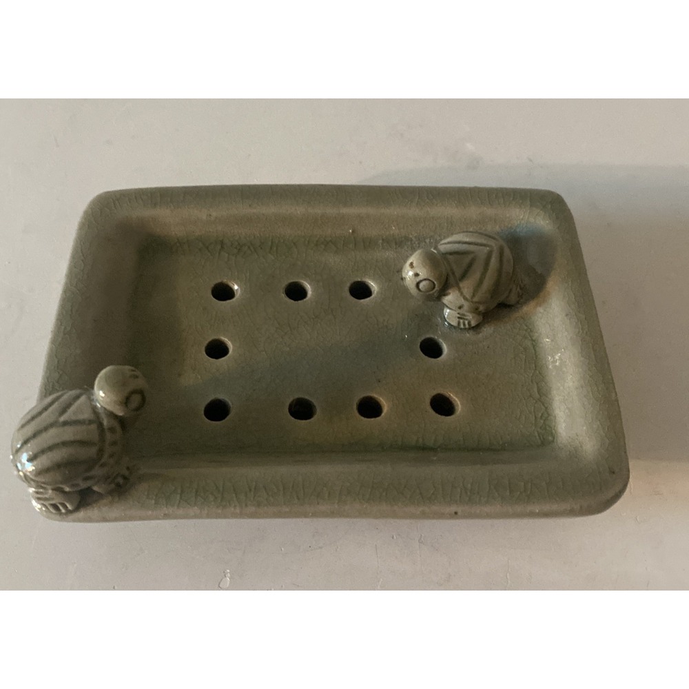 Whimisical Sage Green Soap Dish With Drain Holes Turtles Glazed Pottey